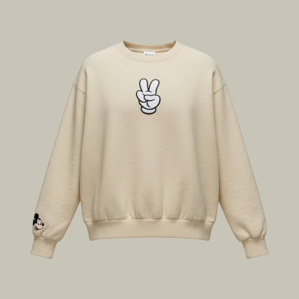 Disney Mickey Mouse Beige XS Sweatshirt Embroidered Peace Sign & Face